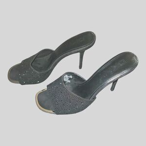DKNY Rhinestone Bling Black & Chrome Sling Back Open Toe Kitten Heels Size 7